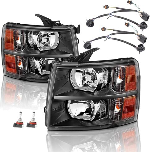 Headlights Assembly for 2007-2013 Chevy Silverado 1500, 07-14 2500HD 3500HD Headlamp w/Headlight Wiring Harness, Chrome Amber in Kuwait