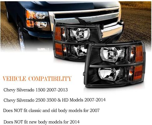 Headlights Assembly for 2007-2013 Chevy Silverado 1500, 07-14 2500HD 3500HD Headlamp w/Headlight Wiring Harness, Chrome Amber in Kuwait