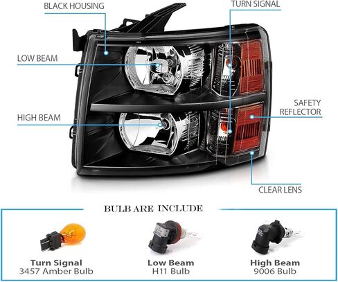 Headlights Assembly for 2007-2013 Chevy Silverado 1500, 07-14 2500HD 3500HD Headlamp w/Headlight Wiring Harness, Chrome Amber in Kuwait