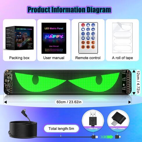عيون LED للزجاج الأمامي للسيارة، قطعة واحدة مقاس 23.62 بوصة × 4.72 بوصة ضوء عيون الشيطان، شاشة LED مرنة قابلة للبرمجة للسيارات والشاحنات، شاشة تمرير مخصصة لعيون Lightride، لافتة السيارة والإعلان in Saudi Arabia
