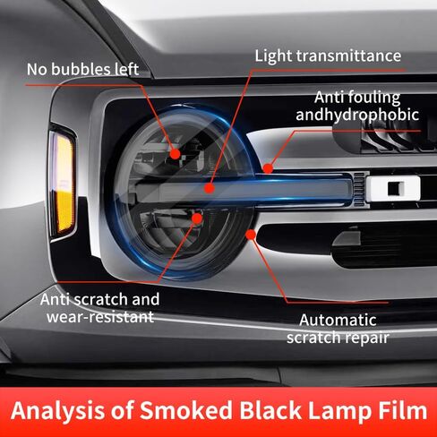 طبقة حماية لمصباح السيارة الأمامي لسيارة Ford Bronco 2021 2022 2023 2024 2025 وBronco Raptor 2021-2025 ملحقات السيارات ديكور خارجي سموكي غير لامع أسود ذكي ملون غطاء من البولي يوريثان الحراري غلاف لاصق ذاتي من الفينيل in Kuwait