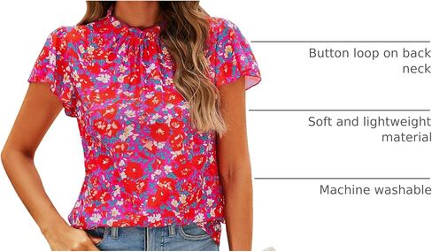 SimpleFun Women Boho Shirts Floral Ruffle Short Sleeve Mock Neck Flowy Casual Summer Blouses Tops in Kuwait