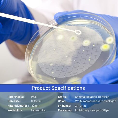 مرشح غشاء شبكي معقم MCE، حجم مسام 0.45 ميكرومتر، قطر 47 مم، مغلف بشكل فردي، غشاء أبيض مع خطوط شبكية سوداء، محب للماء، عبوة من 100 قطعة in Kuwait