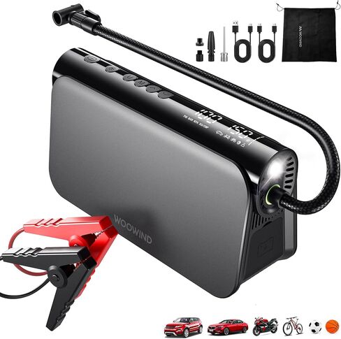 Woowind BoraPlus 3-in-1 Car Battery Booster Jump Starter with Air Compressor, 65W Power Bank,150 PSI Portable Tire Inflator for 6.0L Gas,2.5L Diesel Engines, 16000mAh Battery Booster with LED Light in Kuwait
