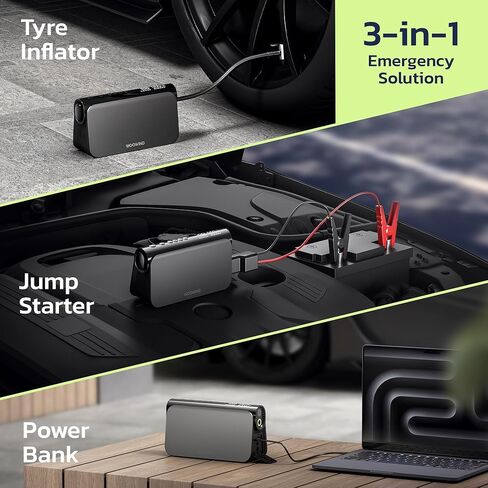 Woowind BoraPlus 3-in-1 Car Battery Booster Jump Starter with Air Compressor, 65W Power Bank,150 PSI Portable Tire Inflator for 6.0L Gas,2.5L Diesel Engines, 16000mAh Battery Booster with LED Light in Kuwait