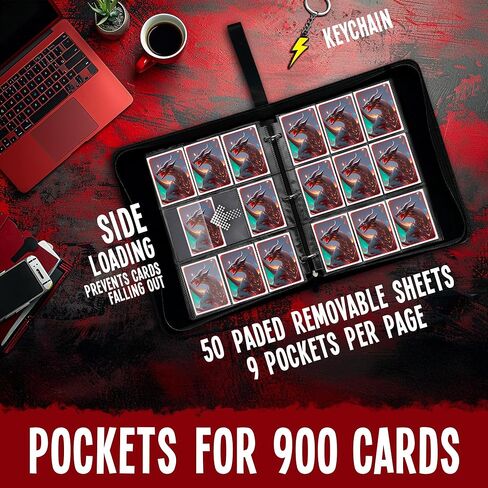 Trading Card Binder 9-Pocket – Premium PU Leather Card Album, Holds 900 Cards, 50 Removable Sleeves, Zippered 3-Ring Case for TCG/Sports Cards + Metal Keychain in Saudi Arabia