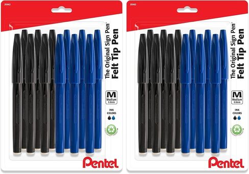 أقلام Pentel Sign Felt Tip - رأس فايبر - علبة تحتوي على 12 قلم لباد 6 حبر أزرق و 6 حبر أسود in Kuwait