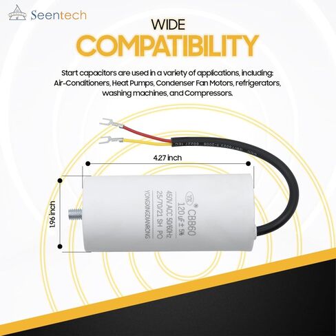 Seentech CBB60 60 فائق التوهج/MFD 250 VAC مكثف بدء التشغيل 50/60 هرتز جزء بديل كهربائي للتيار المتردد - يعمل مع بدء تشغيل محركات التيار المتردد ومكيفات الهواء والضواغط in Kuwait