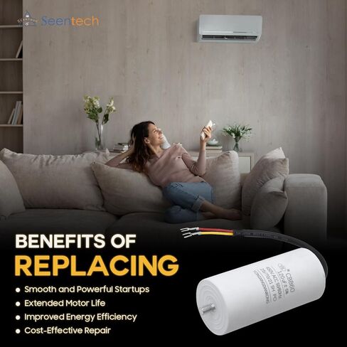 Seentech CBB60 60 فائق التوهج/MFD 250 VAC مكثف بدء التشغيل 50/60 هرتز جزء بديل كهربائي للتيار المتردد - يعمل مع بدء تشغيل محركات التيار المتردد ومكيفات الهواء والضواغط in Kuwait