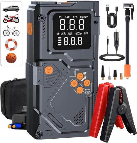 Jump Starter 12V، 5000A Jump Starter مع مضخة هواء وضاغط، صندوق القفز المحمول، شاشة LCD، ضوء الطوارئ LED، بنك الطاقة وكابلات التوصيل، لمحركات الغاز 8.5 لتر والديزل 6.5 لتر in Saudi Arabia