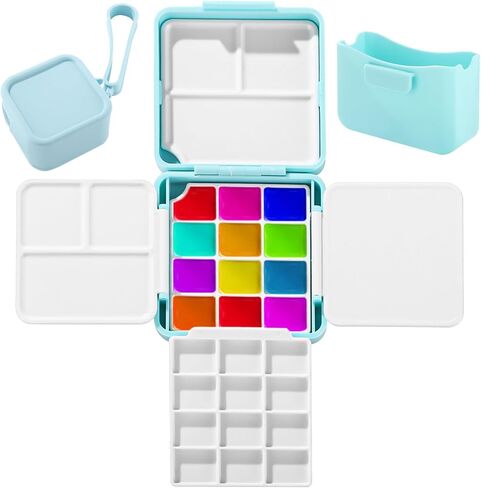 Empty Paint Palette Box, Travel Watercolor Pocket Set 24 Grids With Mixing 3 Foldable Trays, Water Clip-On Bucket And Carry Silicone Bag, Kit For Outdoor Painting Watercolor Sketching Practice in Saudi Arabia