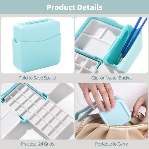 Empty Paint Palette Box, Travel Watercolor Pocket Set 24 Grids With Mixing 3 Foldable Trays, Water Clip-On Bucket And Carry Silicone Bag, Kit For Outdoor Painting Watercolor Sketching Practice in Saudi Arabia