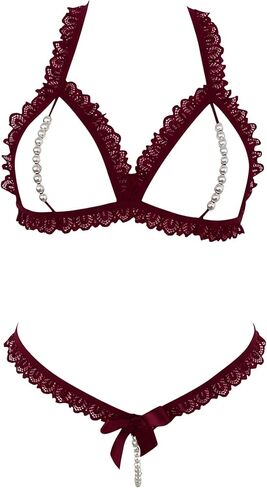 GORGLITTER Women's 2 Piece Sexy Lingerie Set Pearls Beaded Cut Out Halter Neck Lace Bralettes and Thongs in Saudi Arabia