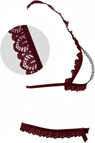 GORGLITTER Women's 2 Piece Sexy Lingerie Set Pearls Beaded Cut Out Halter Neck Lace Bralettes and Thongs in Saudi Arabia