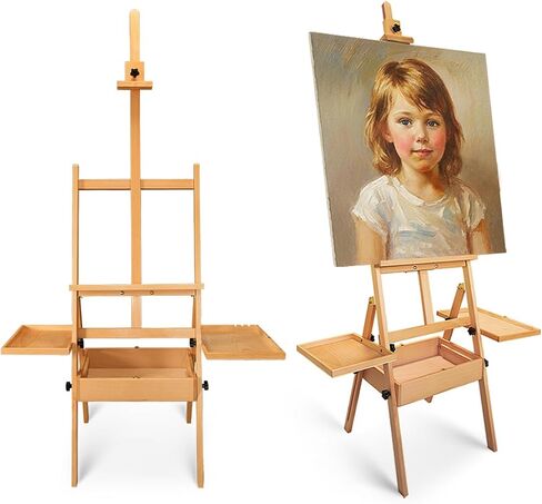 Foldable & Adjustable Art Easel with Storage Drawer Trays, Beech Wooden Easel Stand for Painting,H Frame Artist Easel for Painting Easel for Adults,Wood Easel Stand for Artist Students Studio in Kuwait