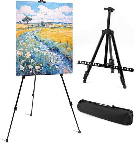 حامل حامل للرسم الفني، حامل محمول قابل للتعديل مع حقيبة حمل، حامل عرض ثلاثي القوائم بارتفاع من 17 إلى 63 بوصة لعرض سطح الطاولة/الأرضية ولافتات الزفاف، أسود in Kuwait