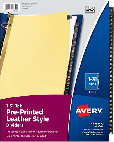 فواصل علامات تبويب من الجلد المقوى باللون الذهبي من Avery، 31 علامة تبويب، 1-31، حجم الحروف، أسود، 31 لكل مجموعة (11352) in Saudi Arabia