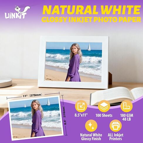 Uinkit 8.5x11 48lb 180Gsm 100 Sheets Inkjet Photo Paper Glossy Professional Photographic Paper Letter Size 8.5Mil Instant Dry Suitable for All Ink Printers in Saudi Arabia