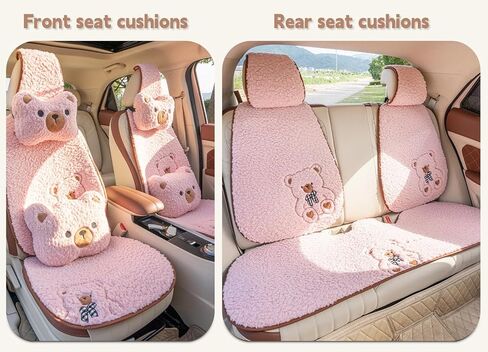 Fluffy Cute Cartoon Bear Car Seat Cushions Covers,Anti-Slip Universal Kawaii Car Seat Pads 15PCS Set for 5 Seats,Winter Warm Automotive Interior Accessories for Cars SUV Pickups (Pink) in Kuwait