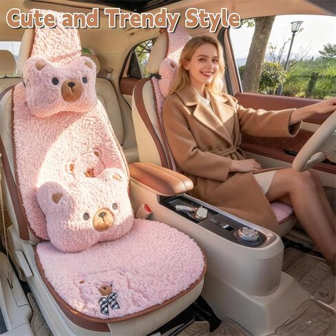 Fluffy Cute Cartoon Bear Car Seat Cushions Covers,Anti-Slip Universal Kawaii Car Seat Pads 15PCS Set for 5 Seats,Winter Warm Automotive Interior Accessories for Cars SUV Pickups (Pink) in Kuwait