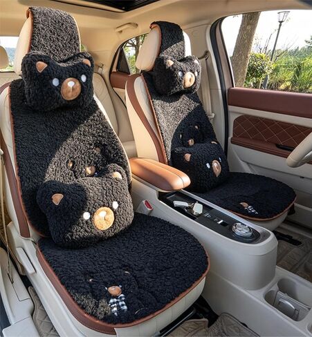 Fluffy Cute Cartoon Bear Car Seat Cushions Covers,Anti-Slip Universal Kawaii Car Seat Pads 15PCS Set for 5 Seats,Winter Warm Automotive Interior Accessories for Cars SUV Pickups (Pink) in Kuwait