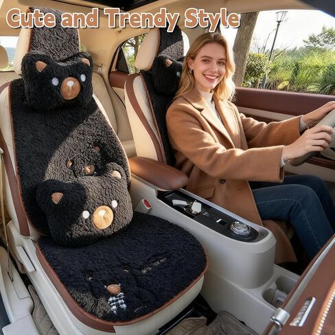 Fluffy Cute Cartoon Bear Car Seat Cushions Covers,Anti-Slip Universal Kawaii Car Seat Pads 15PCS Set for 5 Seats,Winter Warm Automotive Interior Accessories for Cars SUV Pickups (Pink) in Kuwait