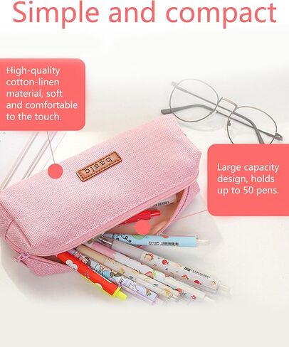 Pink Cotton-Linen Pencil Case, Multi-Functional Pencil Holder Stationery Pouch for Office and Travel in Saudi Arabia