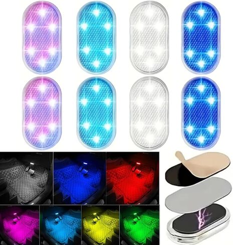 4 قطع مصابيح LED للسيارة داخلية لاسلكية، 7 ألوان مصابيح داخلية للسيارة مع 6 خرزات مصابيح LED ساطعة، ضوء ليلي محمول قابل للشحن عبر USB للسيارة لتزيين السيارة in Saudi Arabia