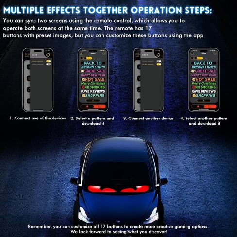 قطعتان من أضواء عيون الشيطان للسيارات، عيون LED قابلة للبرمجة مقاس 23.62 × 4.72 بوصة للزجاج الأمامي للسيارة/الشاحنة، لوحة شاشة عرض LED مرنة لنافذة السيارة، شاشة ناعمة لمصباح العين الديناميكي الذكي الملون in Kuwait