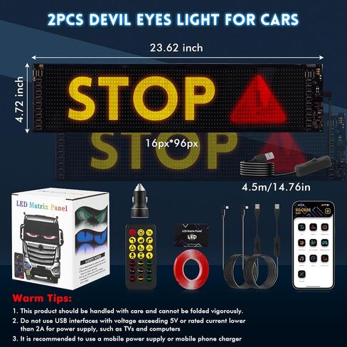 قطعتان من أضواء عيون الشيطان للسيارات، عيون LED قابلة للبرمجة مقاس 23.62 × 4.72 بوصة للزجاج الأمامي للسيارة/الشاحنة، لوحة شاشة عرض LED مرنة لنافذة السيارة، شاشة ناعمة لمصباح العين الديناميكي الذكي الملون in Kuwait