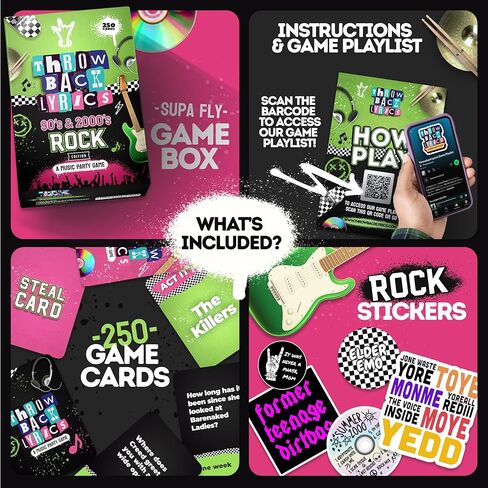 The 90s & 2000s Rock Music Trivia Game with Charades | Finish The Lyrics + Steal Cards | Includes Playlist & Stickers | Adult Party Game Night- 250 Cards in Saudi Arabia