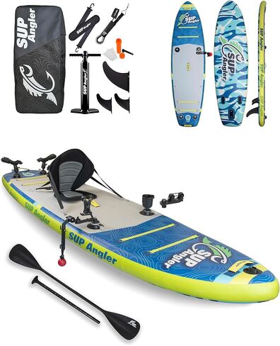 لوح مجداف قابل للنفخ لصيد السمك من SUP Angler X-Wide، اختر حزمة الملحقات، حاملات قضبان الصيد القابلة للتعديل، منافذ الملحقات، مقعد الكاياك، مجداف مزدوج، حبال مطاطية رباعية، 10'8 بوصة × 35 بوصة in Kuwait