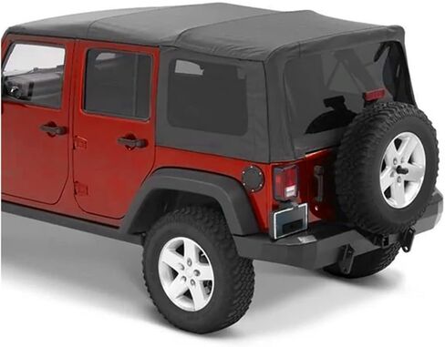 KUAFU استبدال علوي ناعم متوافق مع 2007-2009 Jeep Wrangler JK Unlimited 4 أبواب، أسود مع جوانب بلاستيكية ملونة ونوافذ دخان خلفية، سقف ناعم من الفينيل من قماش الشراع، لا يوجد جلود للباب العلوي in Saudi Arabia