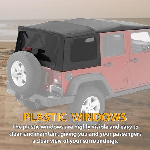 KUAFU استبدال علوي ناعم متوافق مع 2007-2009 Jeep Wrangler JK Unlimited 4 أبواب، أسود مع جوانب بلاستيكية ملونة ونوافذ دخان خلفية، سقف ناعم من الفينيل من قماش الشراع، لا يوجد جلود للباب العلوي in Saudi Arabia