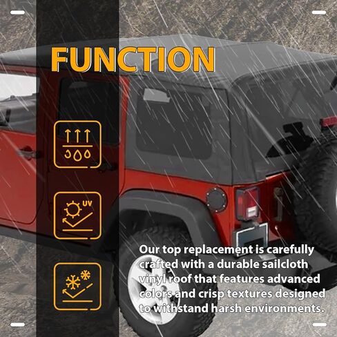 KUAFU استبدال علوي ناعم متوافق مع 2007-2009 Jeep Wrangler JK Unlimited 4 أبواب، أسود مع جوانب بلاستيكية ملونة ونوافذ دخان خلفية، سقف ناعم من الفينيل من قماش الشراع، لا يوجد جلود للباب العلوي in Saudi Arabia