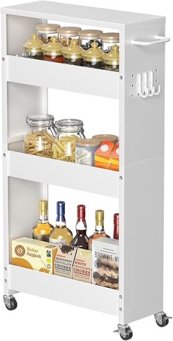 Slim Storage Cart, 4-Tier Kitchen Rolling Cart Narrow Storage Cabinet with Handle & Wheels, Metal Rolling Shelf Unit for Kitchen Bathroom Laundry Small Places (5.9IN White/Natural) in Saudi Arabia