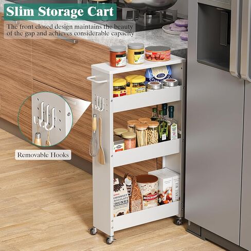 Slim Storage Cart, 4-Tier Kitchen Rolling Cart Narrow Storage Cabinet with Handle & Wheels, Metal Rolling Shelf Unit for Kitchen Bathroom Laundry Small Places (5.9IN White/Natural) in Saudi Arabia