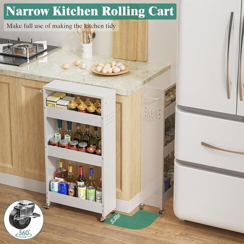 Slim Storage Cart, 4-Tier Kitchen Rolling Cart Narrow Storage Cabinet with Handle & Wheels, Metal Rolling Shelf Unit for Kitchen Bathroom Laundry Small Places (5.9IN White/Natural) in Saudi Arabia