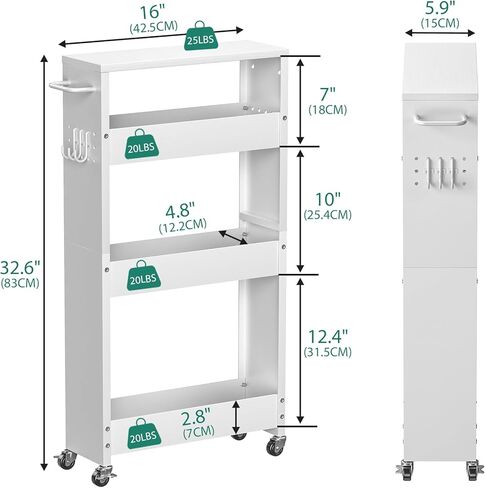 Slim Storage Cart, 4-Tier Kitchen Rolling Cart Narrow Storage Cabinet with Handle & Wheels, Metal Rolling Shelf Unit for Kitchen Bathroom Laundry Small Places (5.9IN White/Natural) in Saudi Arabia
