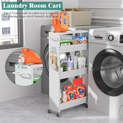 Slim Storage Cart, 4-Tier Kitchen Rolling Cart Narrow Storage Cabinet with Handle & Wheels, Metal Rolling Shelf Unit for Kitchen Bathroom Laundry Small Places (5.9IN White/Natural) in Saudi Arabia