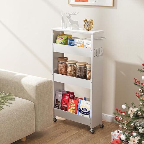 Slim Storage Cart, 4-Tier Kitchen Rolling Cart Narrow Storage Cabinet with Handle & Wheels, Metal Rolling Shelf Unit for Kitchen Bathroom Laundry Small Places (5.9IN White/Natural) in Saudi Arabia