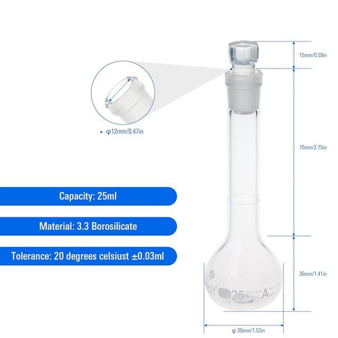 25ML Volumetric Measuring Flask Set NS12/14 Glass Stopper, Amber, Graduated, ASTM Class A Borosilicate Glass 3.3 for Laboratory, 2PCS in Kuwait