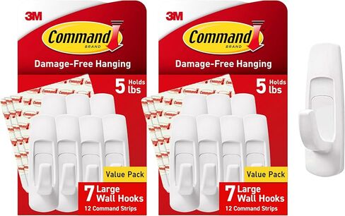 Command Large Utility Hooks, Damage Free Hanging Wall Hooks with Adhesive Strips, No Tools Wall Hooks for Hanging Decorations in Living Spaces, 7 White Hooks and 12 Command Strips in Kuwait