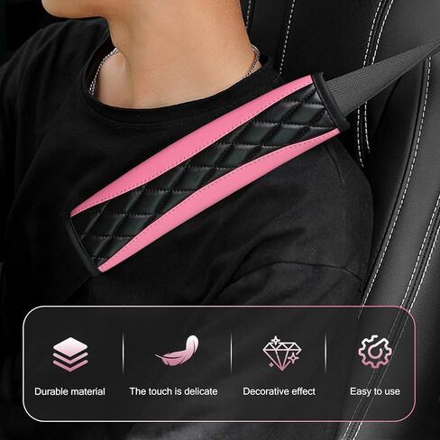 أغطية أحزمة مقعد السيارة، أغطية حزام الكتف من الجلد الناعم، وسادة قيادة مريحة لحزام الأمان تحمي رقبتك وكتفك متوافقة مع السيارة والشاحنة وسيارات الدفع الرباعي (وردي) in Kuwait