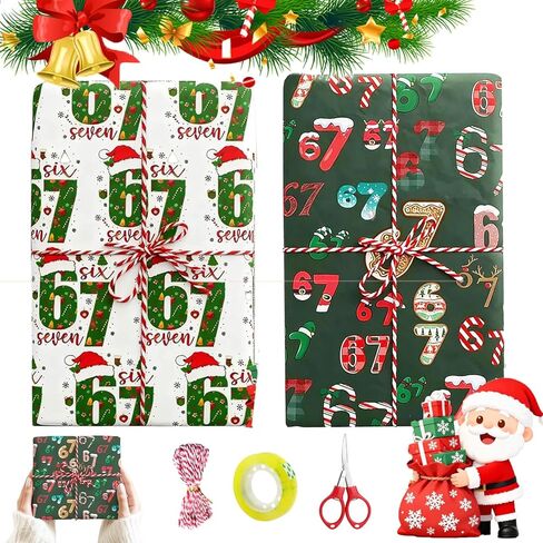 2Pcs 67 Wrapping Paper Xmas,Funny Christmas Wrapping Paper Kids,6 7 Meme Christmas Gift Wrap for All Presents,Christmas Stocking Stuffer,Fun Holiday Wrap ping Paper for Xmas Gifts and Birthday Parties(Green+White) in Saudi Arabia
