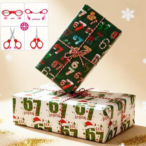 2Pcs 67 Wrapping Paper Xmas,Funny Christmas Wrapping Paper Kids,6 7 Meme Christmas Gift Wrap for All Presents,Christmas Stocking Stuffer,Fun Holiday Wrap ping Paper for Xmas Gifts and Birthday Parties(Green+White) in Saudi Arabia