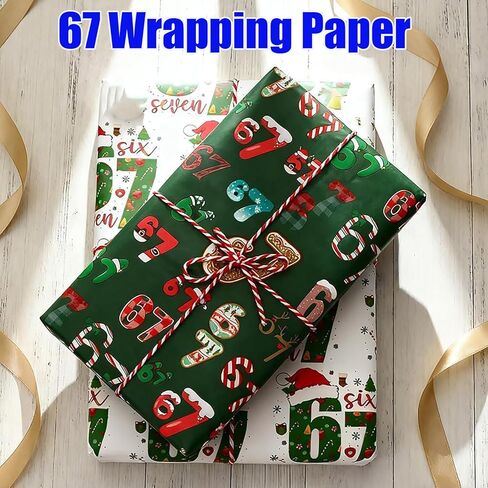 2Pcs 67 Wrapping Paper Xmas,Funny Christmas Wrapping Paper Kids,6 7 Meme Christmas Gift Wrap for All Presents,Christmas Stocking Stuffer,Fun Holiday Wrap ping Paper for Xmas Gifts and Birthday Parties(Green+White) in Saudi Arabia