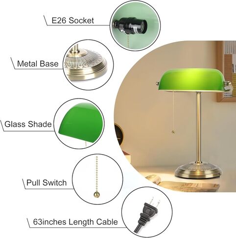 Bankers Lamp, Green Desk Lamp with Brass Finish, Classic Table Lamp with Pull Switch for Home, Office, Study (Green) in Saudi Arabia