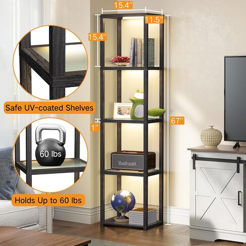 رف عرض زجاجي مقاس 67 بوصة من OUTON مع مصباح أرضي LED قابل للتعتيم، وخزانة عرض للمقتنيات مع جهاز تحكم عن بعد والتحكم في التطبيقات، ومصباح رف كتب مفتوح من 5 طبقات لغرفة المعيشة وغرفة النوم والمكتب وديكور المنزل، أسود in Kuwait