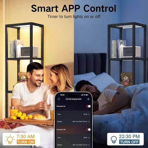 رف عرض زجاجي مقاس 67 بوصة من OUTON مع مصباح أرضي LED قابل للتعتيم، وخزانة عرض للمقتنيات مع جهاز تحكم عن بعد والتحكم في التطبيقات، ومصباح رف كتب مفتوح من 5 طبقات لغرفة المعيشة وغرفة النوم والمكتب وديكور المنزل، أسود in Kuwait